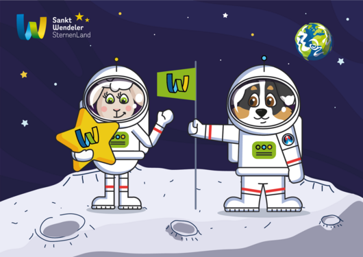 Die Maskottchen des Sankt Wendeler Landes, Wenda und Linus, stehen in Astronautenanzügen auf einem fremden Planeten im Weltraum.